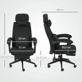 Cadeira de escritório de grande conforto, encosto ajustável, apoio para os pés, Rodas de 360°, linho, 62 x 68 x 127 cm, preta