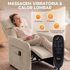 Poltrona de Massagem com Aquecimento, Reclinação Push-Back 135°, Apoio para Pés, Apoios de Braços Ajustáveis e 2 Bolsos, Bege