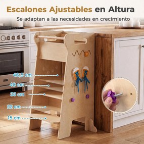 (REVISÃO) Torre de Aprendizagem Infantil Montessori 4 em 1, 57 x 52 x 90 cm, Altura Ajustável, Natural