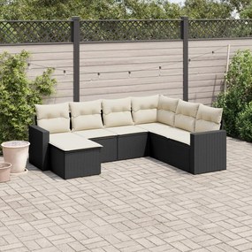 7 pcs conjunto de sofás p/ jardim c/ almofadões vime PE preto