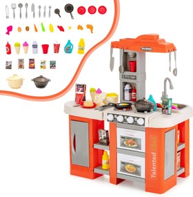 Cozinha de brincar para crianças com 67 peças de comida e utensílios, efeitos sonoros, luz, vapor, pia com água corrente Laranja