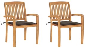 Cadeiras de jardim c/ almofadões cinza-acast. 2 pcs teca maciça