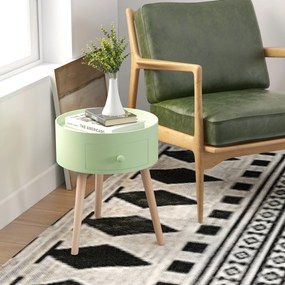 Mesa de cabeceira redonda, mesa apoio design escandinavo 38 x 38 x 45 cm, com gaveta, pés afilados e inclinados verde