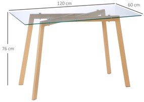 HOMCOM Mesa de Jantar para 4 Pessoas Mesa de Cozinha Moderna com Bancada de Vidro Temperado e Pés de Aço com Efeito de Madeira para Sala de Jantar 120x60x76cm Transparente e Madeira