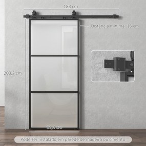 Porta de Correr de Vidro com Mecanismo de Fecho Suave para Casa de Banho Sala de Estar Cozinha 91,4x203,2 cm Preto