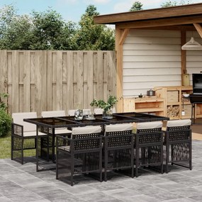 9 pcs conjunto de jantar p/ jardim c/ almofadões vime PE preto