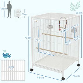 Gaiola para Pássaros com Rodas Poleiros Baloiço Bandeja Removível e Tigelas de Aço Inoxidável  48x46x78 cm Branco