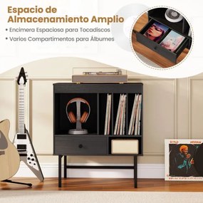Suporte grande para gira-discos e discos de vinil de meados do século com compartimentos abertos para álbuns Preto