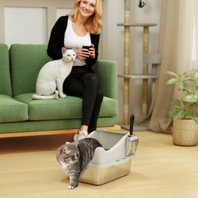 Caixa de areia gatos em aço inoxidável, casa de higiene para gatos, bordas altas, fácil de limpar, 43,1 x 33,2 x 25,4 cm, cinzento