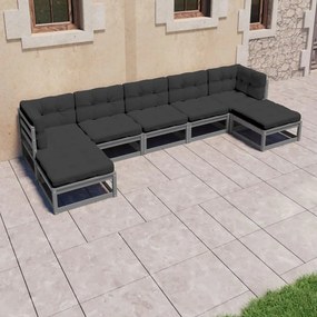 7pcs conjunto lounge de jardim c/ almofadões pinho maciço cinza