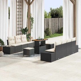 vidaXL Conjunto de Sofás de Jardim com 10 Peças e Almofadas Rattan Poliéster Preto Acácia