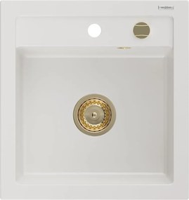 Mexen Vito lava-louça de granito de 1 bacia 520 x 490 mm, branco, sifão dourado - 6503521000-20-G
