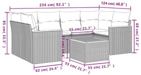 7 pcs conjunto sofás p/ jardim c/ almofadões vime PE cinzento