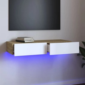 vidaXL Móvel de TV com luzes LED 90x35x15,5 cm branco/carvalho sonoma