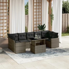 8 pcs conjunto sofás de jardim c/ almofadões vime PE cinzento