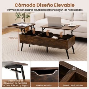Mesa de centro moderna elevável com 2 compartimentos de armazenamento ocultos 111 x 48 x 40-53,5 cm Castanha