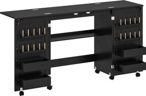 HOMCOM Mesa de costura dobrável, móvel de costura com rodízios, 2 portas magnéticas, 4 compartimentos, 20 ganchos, 160x40x83cm, preto | Aosom Portugal