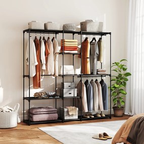 Guarda Roupas 182x43x185 cm Armário Aberto com 8 Prateleiras de Tecido Barras para Pendurar  182x43x185 cm Preto
