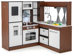 Cozinha de brincar de canto em madeira para crianças com luzes e sons, sistema de circulação de água, cortinas enroláveis e acessórios Castanho