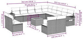 14 pcs conjunto de sofás p/ jardim com almofadões vime PE bege