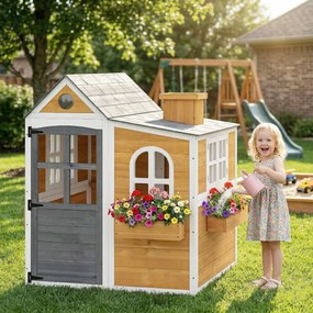 Casa de brincar infantil de madeira para exterior 125,5 x 119 x 126 cm, casinha infantil para exterior/interior com porta, janelas, 3 floreiras, amare