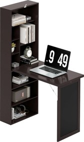 Secretária com arrumação dobrável, encostada à parede, com estante, posto de trabalho, quadro de giz e prateleira ajustável castanho, preto
