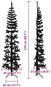 Meia árvore de Natal fina com suporte 210 cm preto