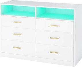 Cómoda com iluminação LED e base de carregamento, 6 gavetas 40 x 119 x 81,2 cm, moderna branca