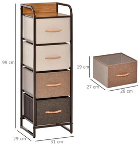 Cómoda de Tecido com 4 Cestos Removíveis e Dobráveis Base Elevada Móvel de Armazenamento para Dormitório Sala de Estar 31x29x99cm Multicor