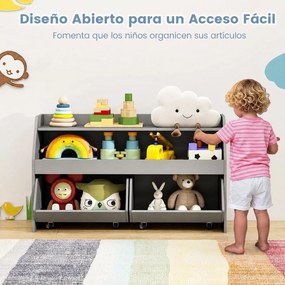 Estante de Brinquedos Infantil, 102 x 30 x 60 cm, Rodas Bloqueáveis, Cinzento