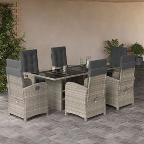 7 pcs conj. jantar p/ jardim c/ almofadões vime PE cinza-claro