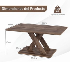 Mesa de Centro, 95 x 58 x 45 cm, Pernas Geométricas Entrecruzadas, Castanho