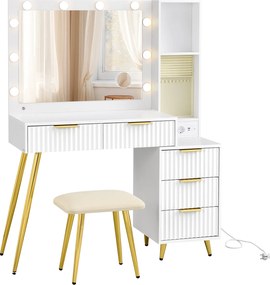 Toucador com banco 40 x 110 x 135 cm, e com espelho com luzes Led, gavetas Branco