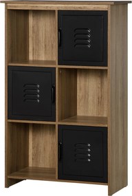 Estante de arrumação 75 x 35  x 116,5 cm com 3 compartimentos abertos e 3 compartimentos - Aspecto de madeira com portas de metal pretas
