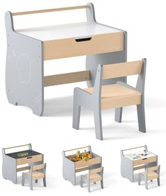 Conjunto de mesa e cadeira infantil de madeira 2 em 1 para crianças com tabuleiro removível, cinzento