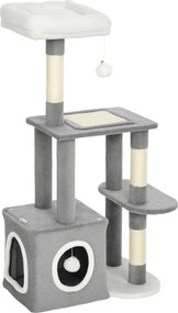 PawHut Arranhador 107 cm Torre para gatos com toca, 2 bolas de pelúcia, postes de sisal, plataforma grande, 55x40x107 cm, Cinza | Aosom Portugal