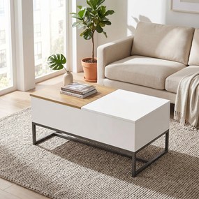 Mesa de centro extensível com tampo deslizante 100 x 50 x 45 cm, mesa de sala com arrumação oculta e pés em aço, branca