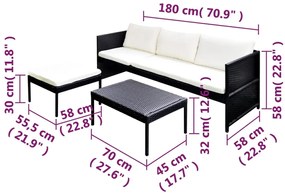 3 pcs conjunto lounge para jardim c/ almofadões vime PE preto
