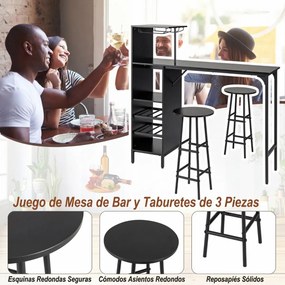Conjunto mesa 120 x 40 x 120 cm e 2 cadeiras de bar, mesa e bancos industriais com suportes para copos, estantes para sala de jantar e cozinha, preto