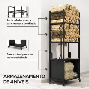 Suporte para Lenha com Rodas de 4 Níveis com Pá Escova Atiçador e Tenaz para Interior e Exterior 45x30x118 cm Preto