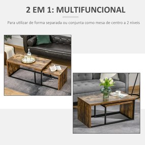 Conjunto de 2 Mesas de Centro Mesinhas de Café com Pés de Metal Estilo Industrial para Sala de Estar Sala de Jantar 90x48x42cm e 59x42x36cm Marrom Rús