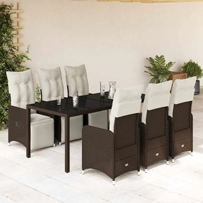 7 pcs conjunto bistrô de jardim c/ almofadões vime PE castanho