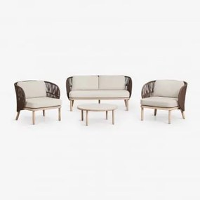 Conjunto De Sala Com Sofá De 2 Lugares, 2 Poltronas Em Corda Trançada Capri E Mesa De Centro Em Madeira De Acácia Olivia Castanho Chocolate - Sklum
