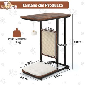 Arranhador para gatos com mesa de apoio em forma de C com tábua de arranhar Almofada amovível lavável Brinquedo pendurado 50 x 30 x 64 cm Castanho