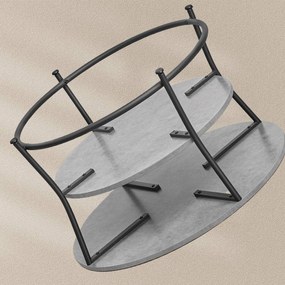 Mesa de centro redonda com prateleira, design industrial cinza concreto-preto