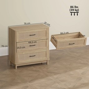 Cómoda de 3 Gavetas, 76 x 35 x 76 cm, Frentes em Rotim Natural, Carvalho