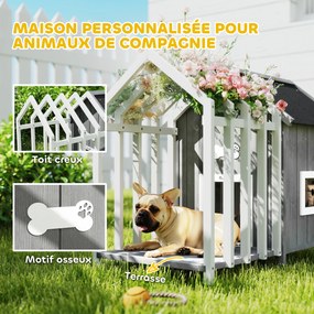 Casota com Compartimento aberto exterior para cães em madeira com terraço e porta de ripas, 106 x 62,5 x 80,5 cm, cinzenta