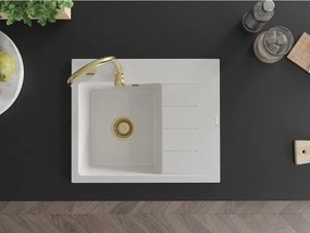 Mexen Ben lava-loiça de granito de 1 cuba com escorredor, esquerdo 600 x 500 mm, branco, sifão dourado - 6522605000-20-G