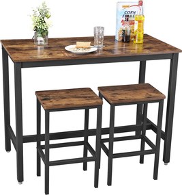Conjunto Mesa de bar de aspeto industrial com 2 bancos de bar castanho vintage
