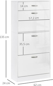 Sapateira com 3 portas basculantes e gaveta deslizante - 62 x 24 x 135 cm - puxadores em alumínio. Painéis em aglomerado branco